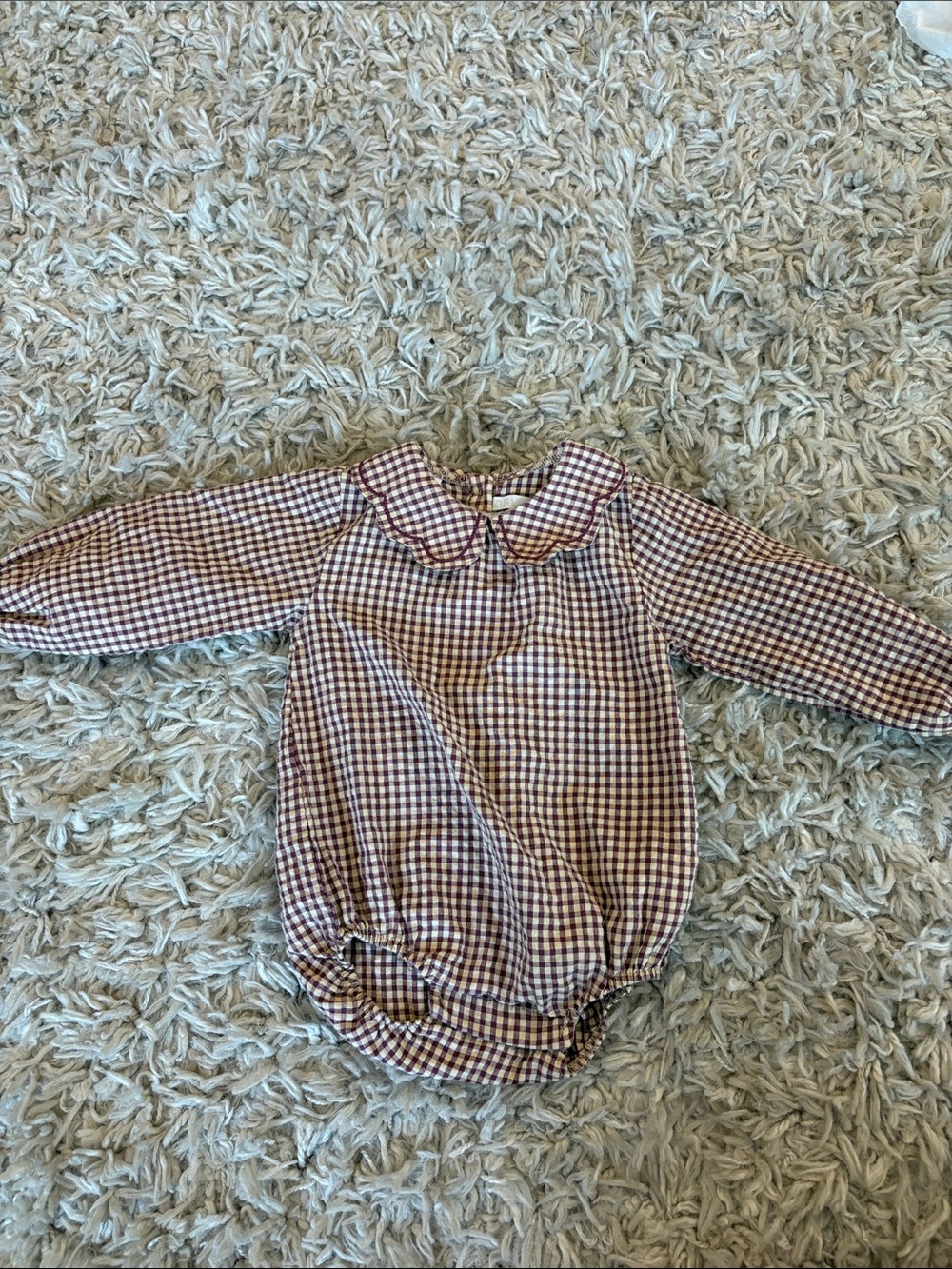 Zara baby gingham plaid long sleeve romper with peterpan collar 6m plum color